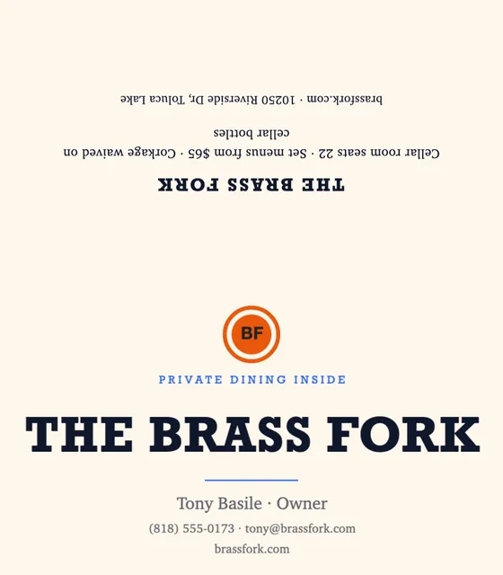 Centred lockup folded business cards template in the Food delivery palette