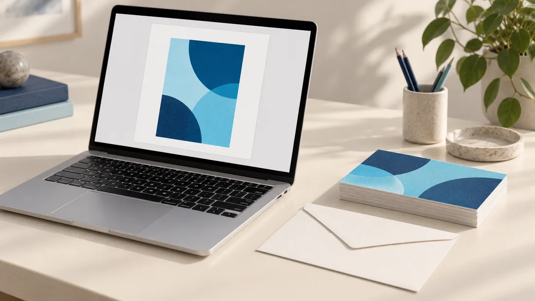 AI illustration of an abstract design on a laptop beside cards and an envelope