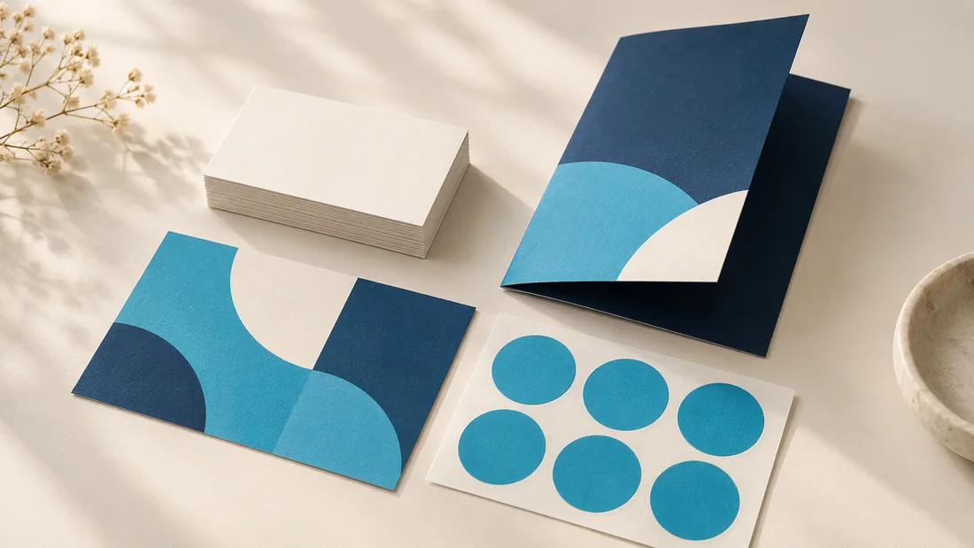 AI illustration of cards, round stickers and a folded brochure on a desk