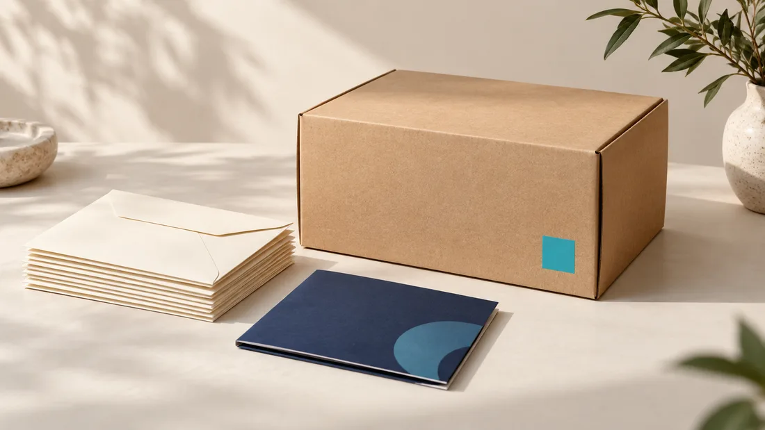 AI illustration of an unbranded shipping box beside envelopes and a brochure