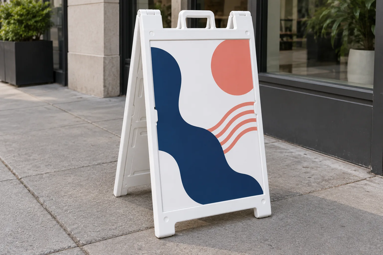 AI illustration: A white A-frame sign with a navy and coral panel beside an anonymous storefront AI-generated design concept; not a completed customer order or manufacturing proof
