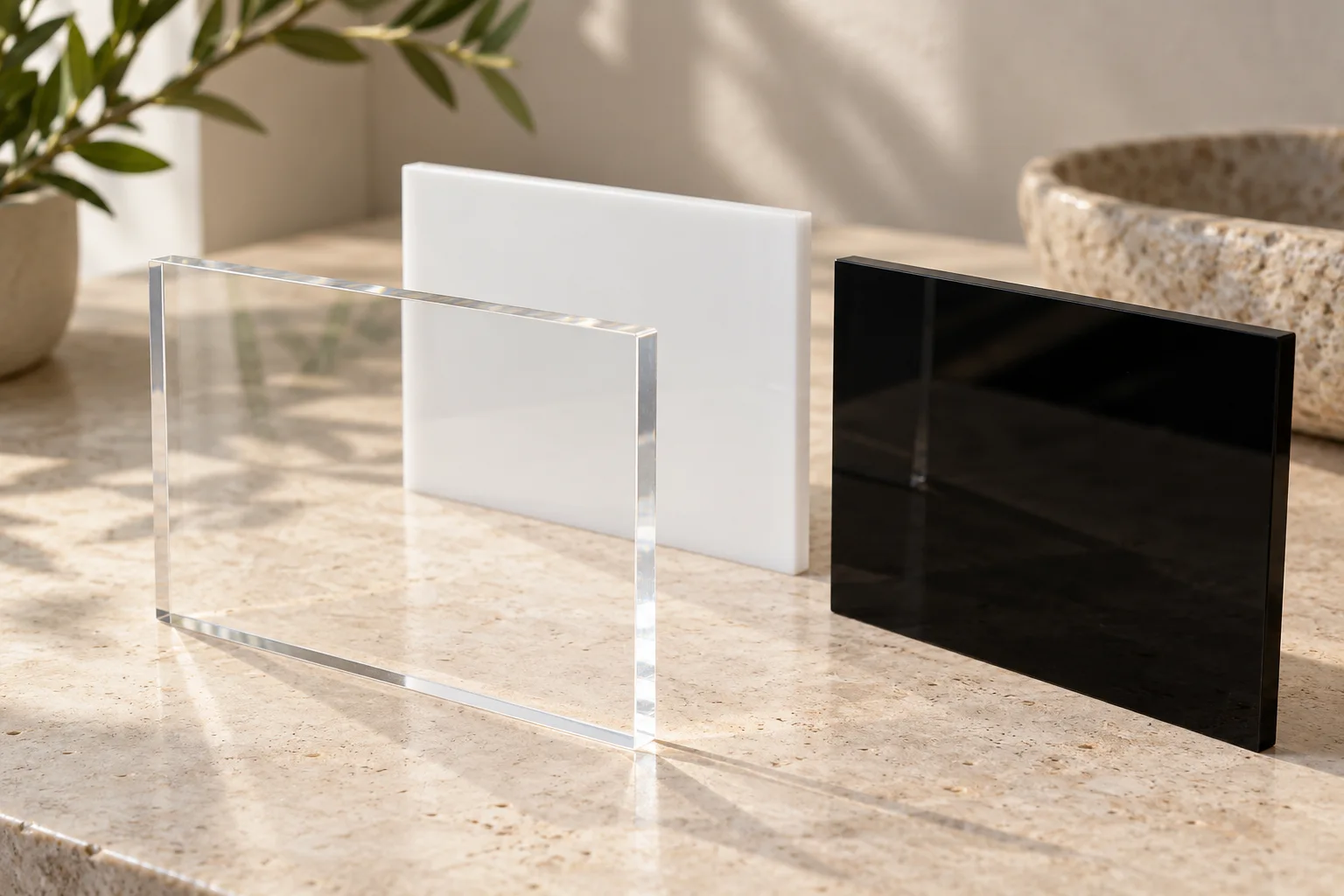 AI illustration: Clear, white and black blank acrylic panels on a neutral tabletop