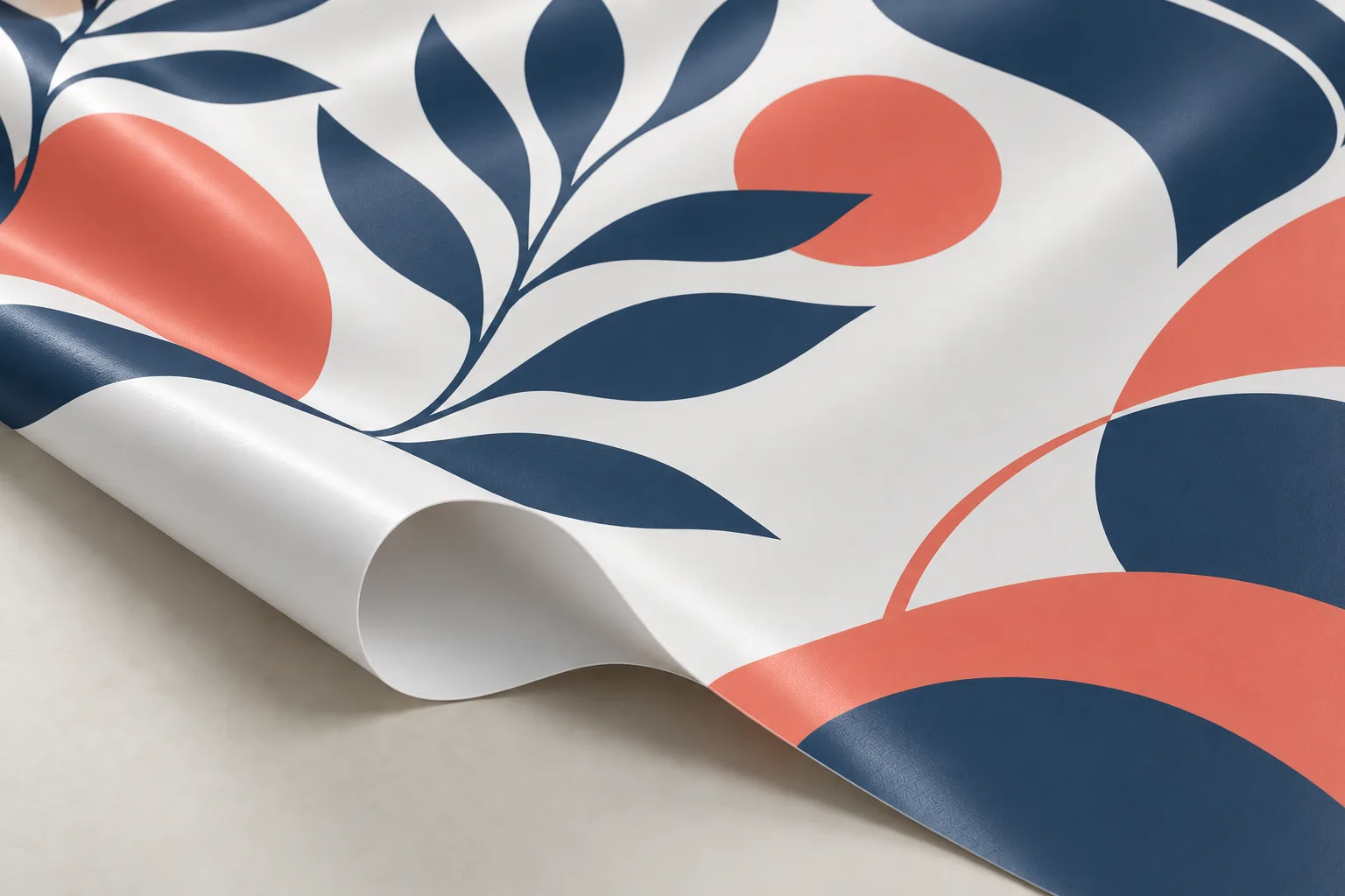 AI illustration: Navy and coral artwork on a curled white vinyl banner AI-generated design concept; not a completed customer order or manufacturing proof