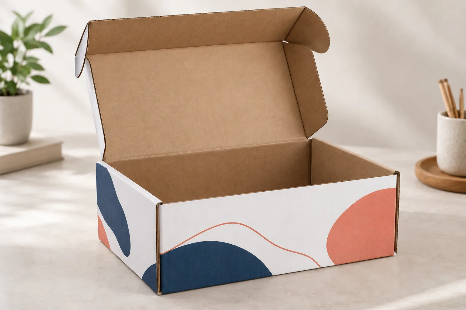 AI illustration: An open mailer with white printed exterior and unprinted brown interior AI-generated design concept; not a completed customer order or manufacturing proof