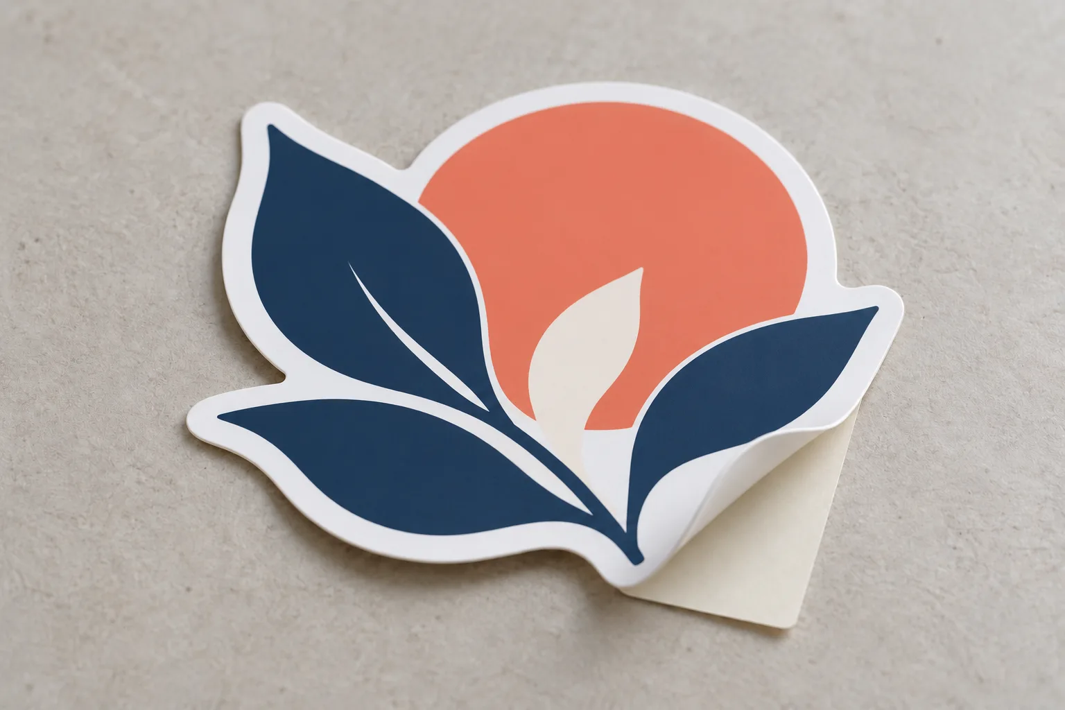 AI illustration: A white vinyl sticker with navy and coral artwork and a lifted corner AI-generated design concept; not a completed customer order or manufacturing proof