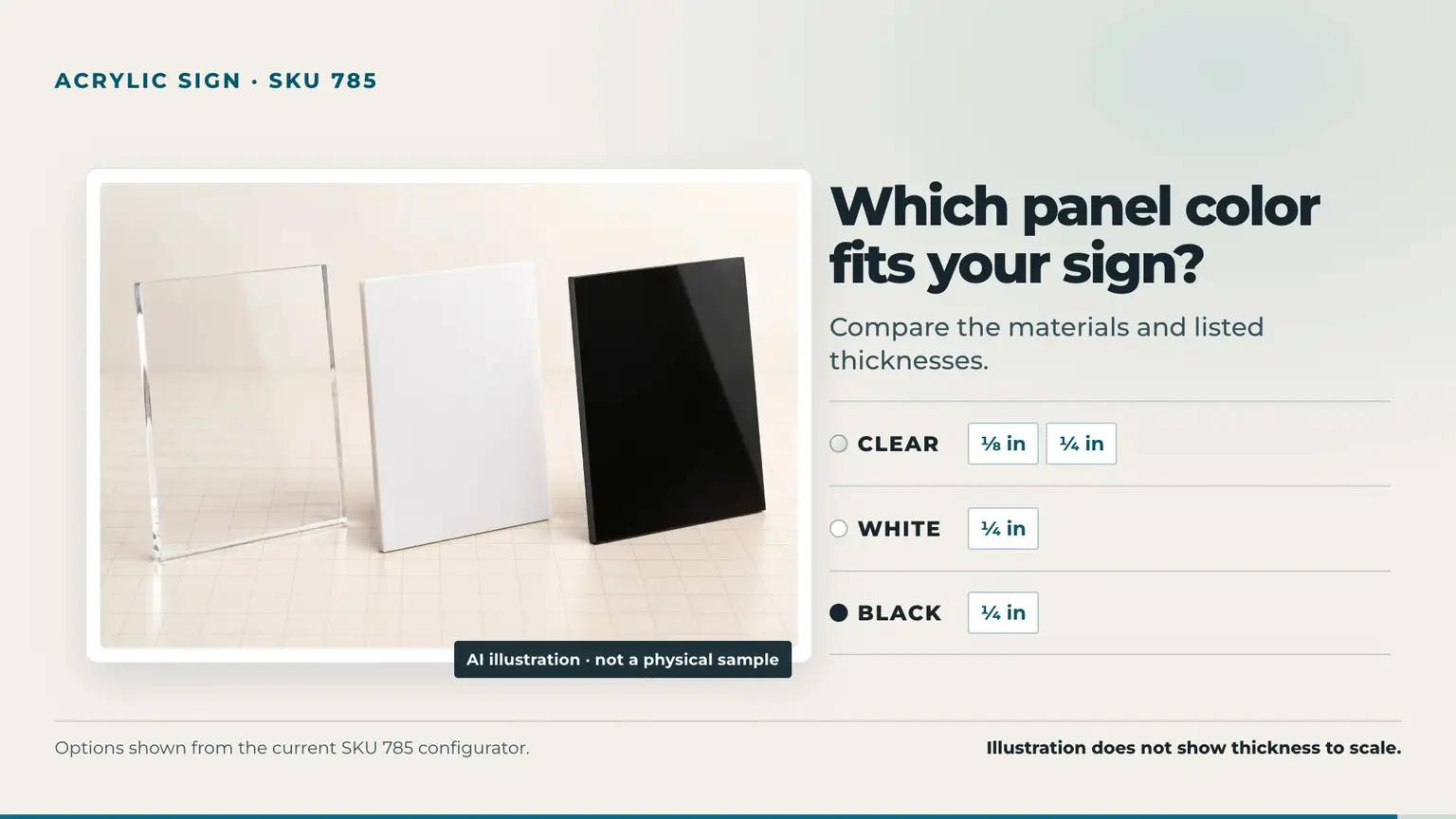AI illustration preview of clear, white and black acrylic color options